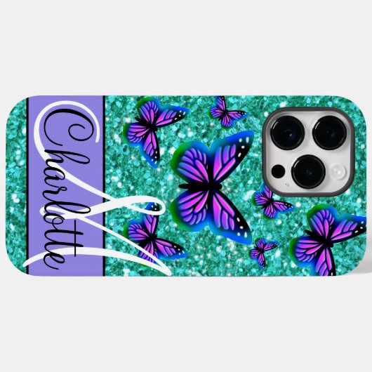 Aquamariner funkelnder Glitzer, lila Schmetterling Case-Mate iPhone Hülle (Rückseite (Horizontal))