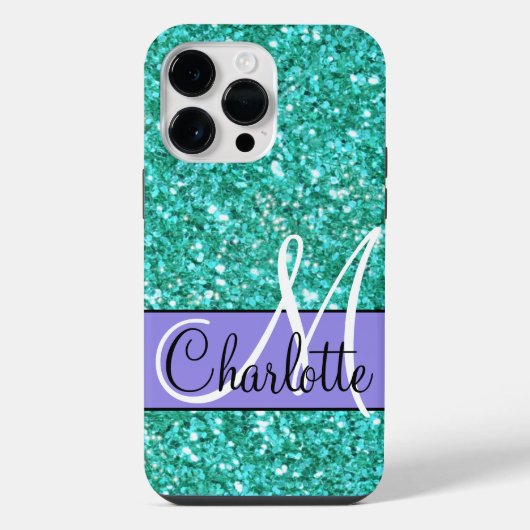 Aquamariner funkelnder Glitzer mit Monogramm Case iPhone Hülle (Rückseite)