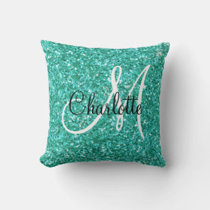 Aquamariner funkelnder Glitzer mit Monogramm Kissen