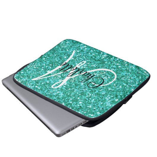Aquamariner funkelnder Glitzer mit Monogramm Laptopschutzhülle (Vorne Knopf)