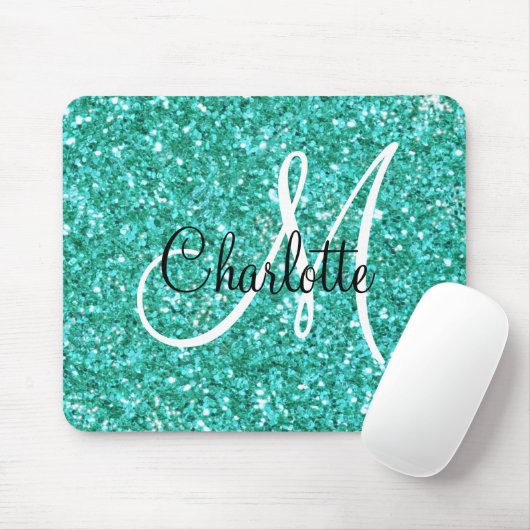 Aquamariner funkelnder Glitzer mit Monogramm Mousepad (Mit Mouse)