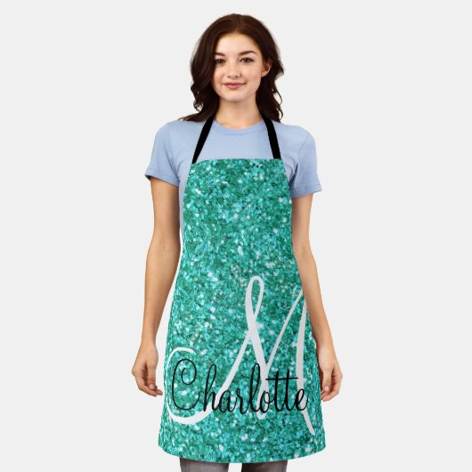 Aquamariner funkelnder Glitzer mit Monogramm Schürze (Getragen)