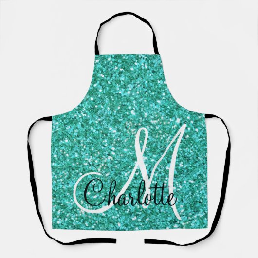 Aquamariner funkelnder Glitzer mit Monogramm Schürze (Vorderseite)