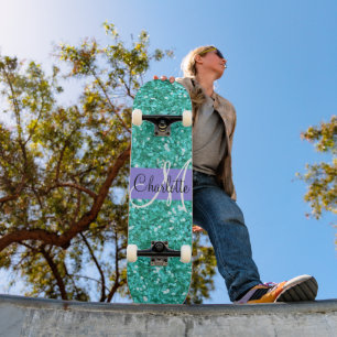 Aquamariner funkelnder Glitzer mit Monogramm Skateboard