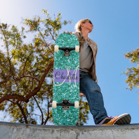 Aquamariner funkelnder Glitzer mit Monogramm Skateboard (Außenbereich 1)