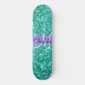 Aquamariner funkelnder Glitzer mit Monogramm Skateboard (Vorderseite)