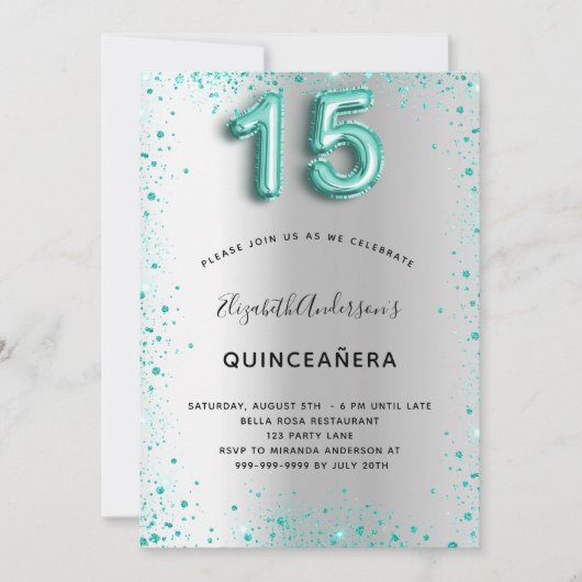 Aquamariner Glitzer aus Silber, glamourös Einladung (Vorderseite)