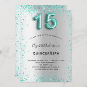 Aquamariner Glitzer aus Silber, glamourös Einladung (Vorne/Hinten)