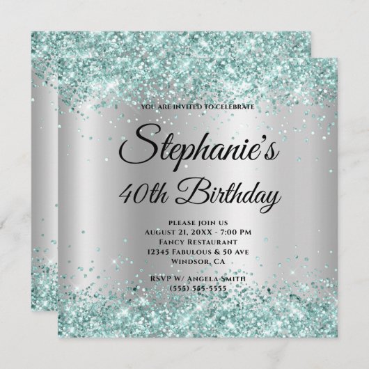 Aquamariner Glitzer Blasssilber Gradient 40. Gebur Einladung (Vorne/Hinten)