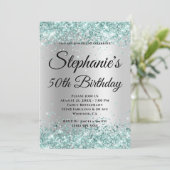 Aquamariner Glitzer Blasssilber Gradient Einladung (Stehend Vorderseite)