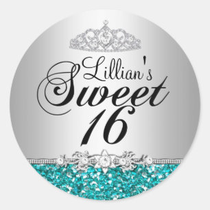 Aquamariner Glitzer & Diamond Tiara Sweet 16 Stick Runder Aufkleber