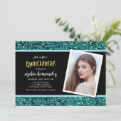 Aquamariner Glitzer Foto Quinceanera Einladung (Stehend Vorderseite)