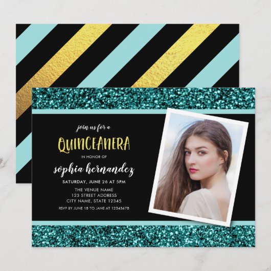 Aquamariner Glitzer Foto Quinceanera Einladung (Vorne/Hinten)