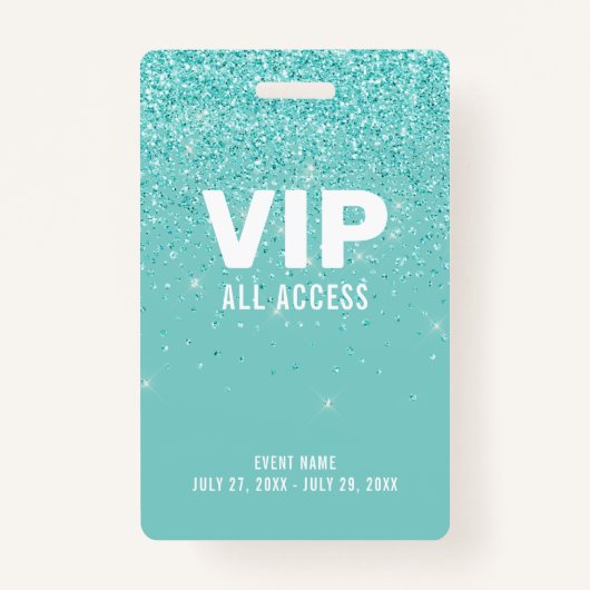 Aquamariner Glitzer Glam VIP All Access Pass Event Ausweis (Vorderseite)