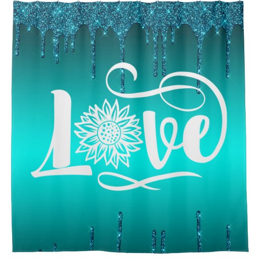 Aquamariner Glitzer LIEBE Sonnenblumen Duschvorhang (Vorderseite)
