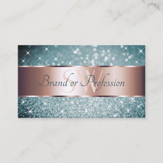 Aquamariner Glitzer Lumineszente Monogram Rose Gol Visitenkarte (Vorderseite)