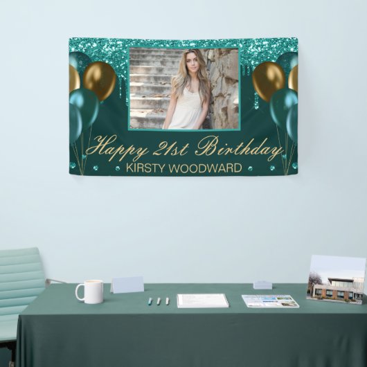 Aquamariner Glitzer mit Goldballons Geburtstag Banner (Messeveranstaltung)