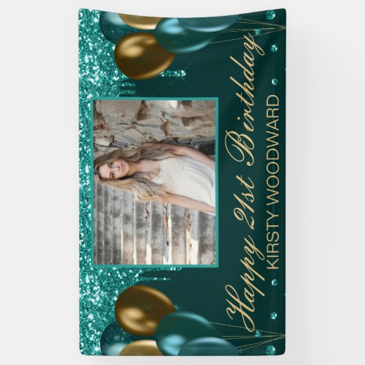 Aquamariner Glitzer mit Goldballons Geburtstag Banner (Vertikal)