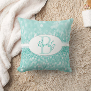 Aquamariner Glitzer Monogramm Personalisiertes Thr Kissen