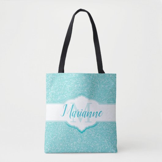 Aquamariner Glitzer Monogramm Totbeutel Tasche (Vorderseite)