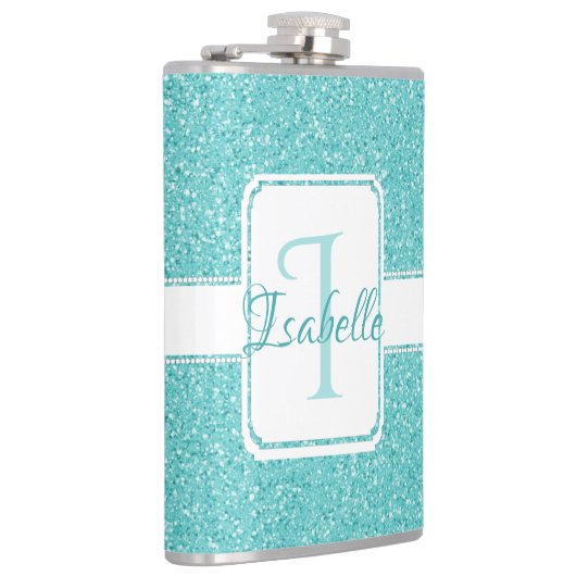 Aquamariner Glitzer Personalisiert Flasche Flachmann (Rechts)