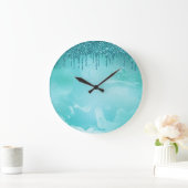 Aquamariner Glitzer Regen auf Luxusmetall Große Wanduhr (Zuhause)