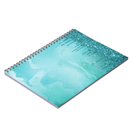 Aquamariner Glitzer Regen auf Luxusmetall Notizblock (Linke Seite)