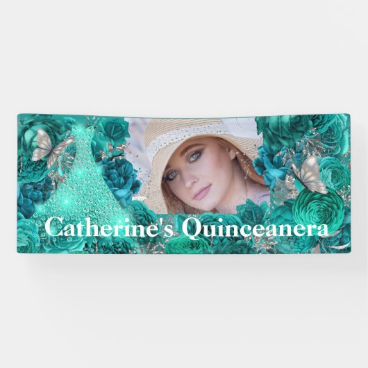 Aquamariner Glitzer-Schmetterling Quinceanera Banner (Horizontal)