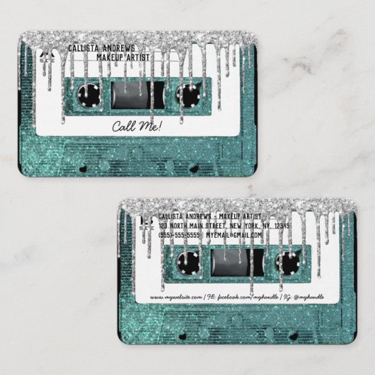 Aquamariner Glitzer-Tropfen-Kassettenbandband des Visitenkarte (Vorne/Hinten)