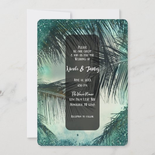 Aquamariner Glitzer Vintag Glam Palm Tropical Wedd Einladung (Vorderseite)