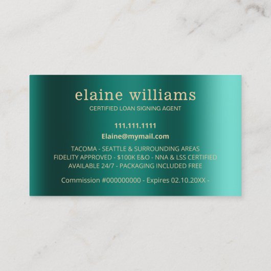 Aquamariner Gold Glam Notary Loan Signing Agent Visitenkarte (Rückseite)