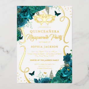 Aquamariner Goldflorenscroll Masquera Quinceanera Folieneinladung