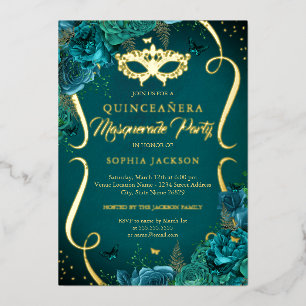 Aquamariner Goldflorenscroll Masquera Quinceanera Folieneinladung