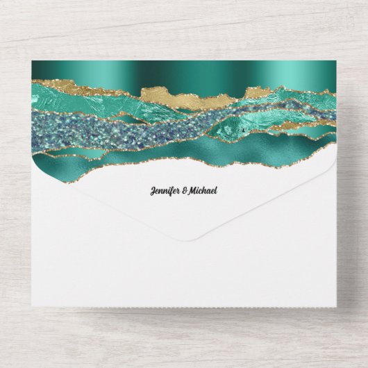 Aquamariner Goldmarmor Agile Glitzer All In One Einladung (Rückseite)