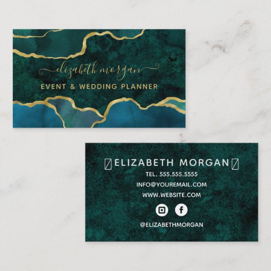 Aquamariner Green Script Marble Agate Gold Foil Gl Visitenkarte (Vorne/Hinten)