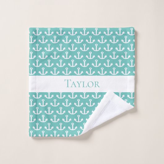 Aquamariner grüner Anker, weißes nautisches Monogr Badhandtuch Set (Waschlappen)