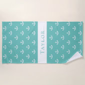 Aquamariner grüner Anker, weißes nautisches Monogr Strandtuch (Vorderseite)