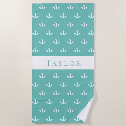 Aquamariner grüner Anker, weißes nautisches Monogr Strandtuch (Vorderseite)