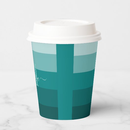 Aquamariner grüner blauer Farbblock Monogramm Stil Pappbecher (Links)