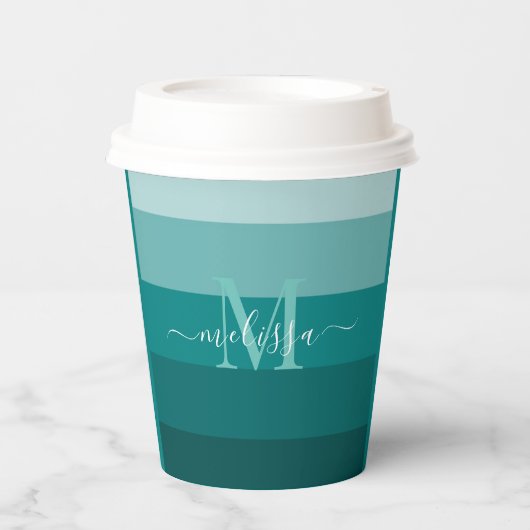 Aquamariner grüner blauer Farbblock Monogramm Stil Pappbecher (Vorderseite)