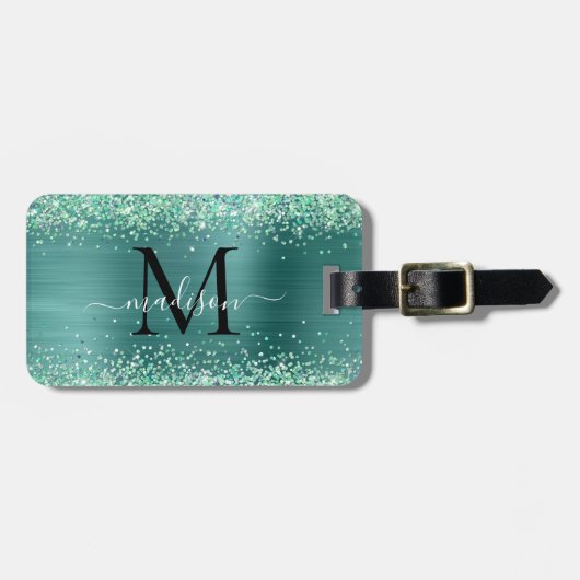 Aquamariner grüner Glitzer Pinselmetall Monogram-S Gepäckanhänger (Vorderseite horizontal)
