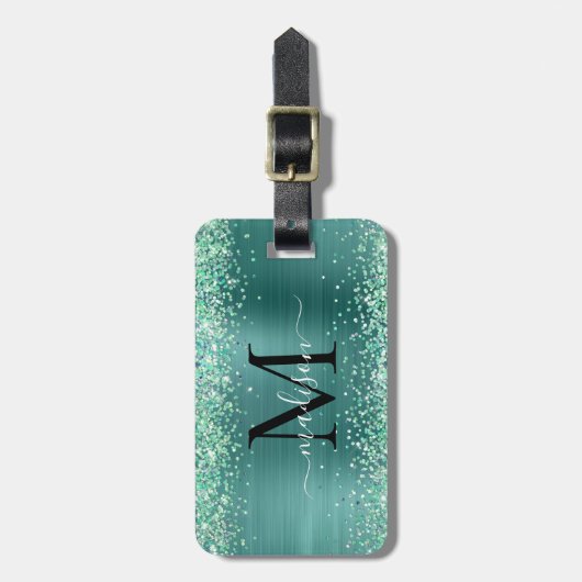 Aquamariner grüner Glitzer Pinselmetall Monogram-S Gepäckanhänger (Vorderseite vertikal)
