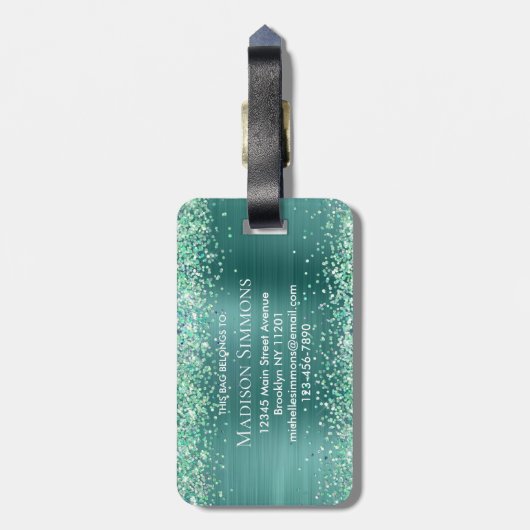 Aquamariner grüner Glitzer Pinselmetall-Monogramm- Gepäckanhänger (Rückseite vertikal)