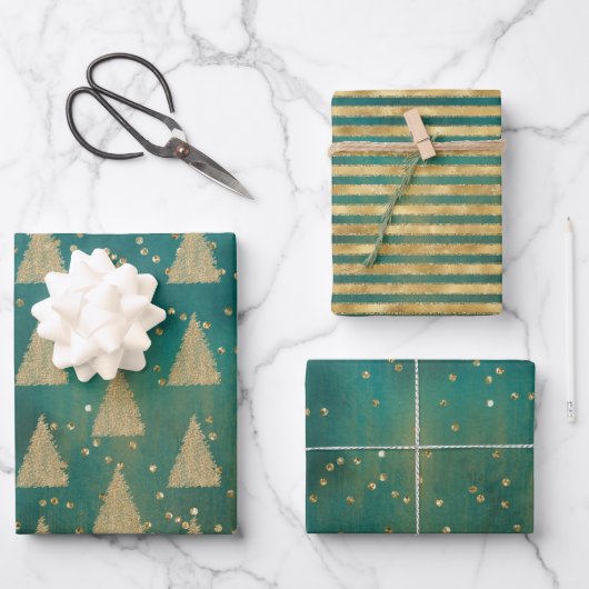 Aquamariner Grüner Glitzer Weihnachtsbaum Geschenkpapier Set (Vorderseite)