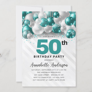 Aquamariner Grüner Silberballon Glitzer 50. Geburt Einladung