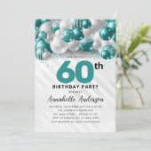 Aquamariner Grüner Silberballon Glitzer 60. Geburt Einladung (Stehend Vorderseite)