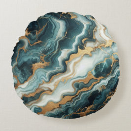 Aquamariner grüner und goldener Marmor Rundes Kissen