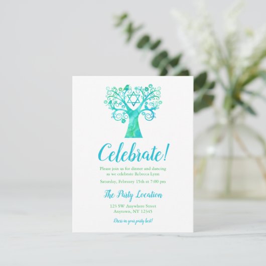 Aquamariner grüner Watercolor-Baum des Einladung (Stehend Vorderseite)
