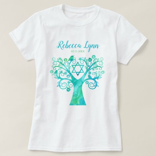 Aquamariner grüner Watercolor-Baum des T-Shirt (Design vorne)
