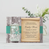 Aquamariner Gürtel Starfish & Mason Jar Wood Braut Einladung (Stehend Vorderseite)